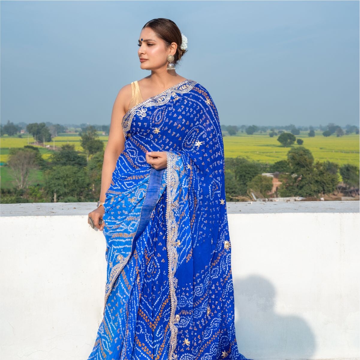 Pure Chiffon Silk Saree The Weavers Shop Blue Pure Chiffon Silk Bandhani Fancy Gota Work