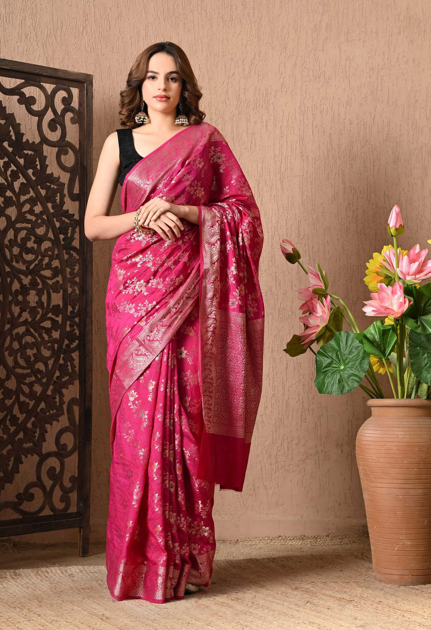 Best Pink Silk Saree With Tilphi Work