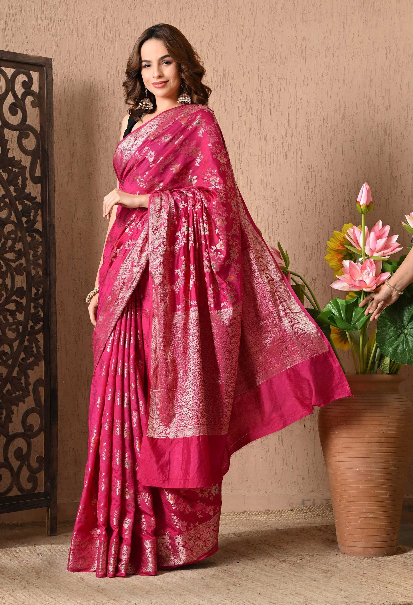 Best Pink Silk Saree With Tilphi Work