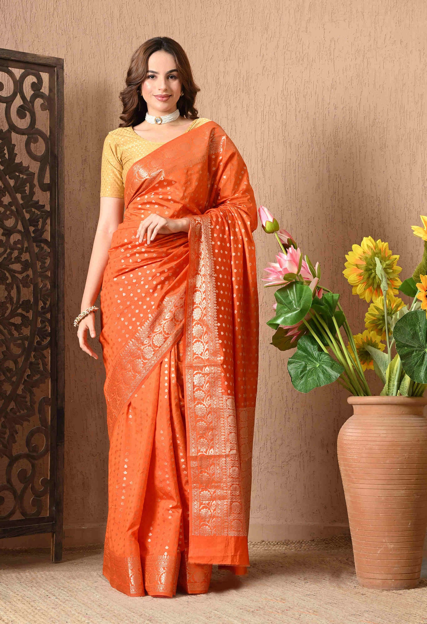 Best Orange Banarasi Silk Saree