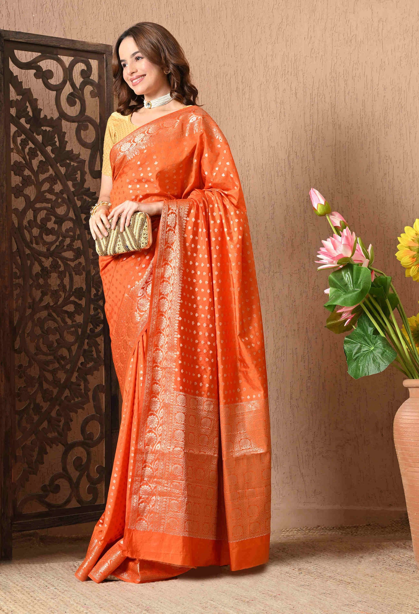 Best Orange Banarasi Silk Saree
