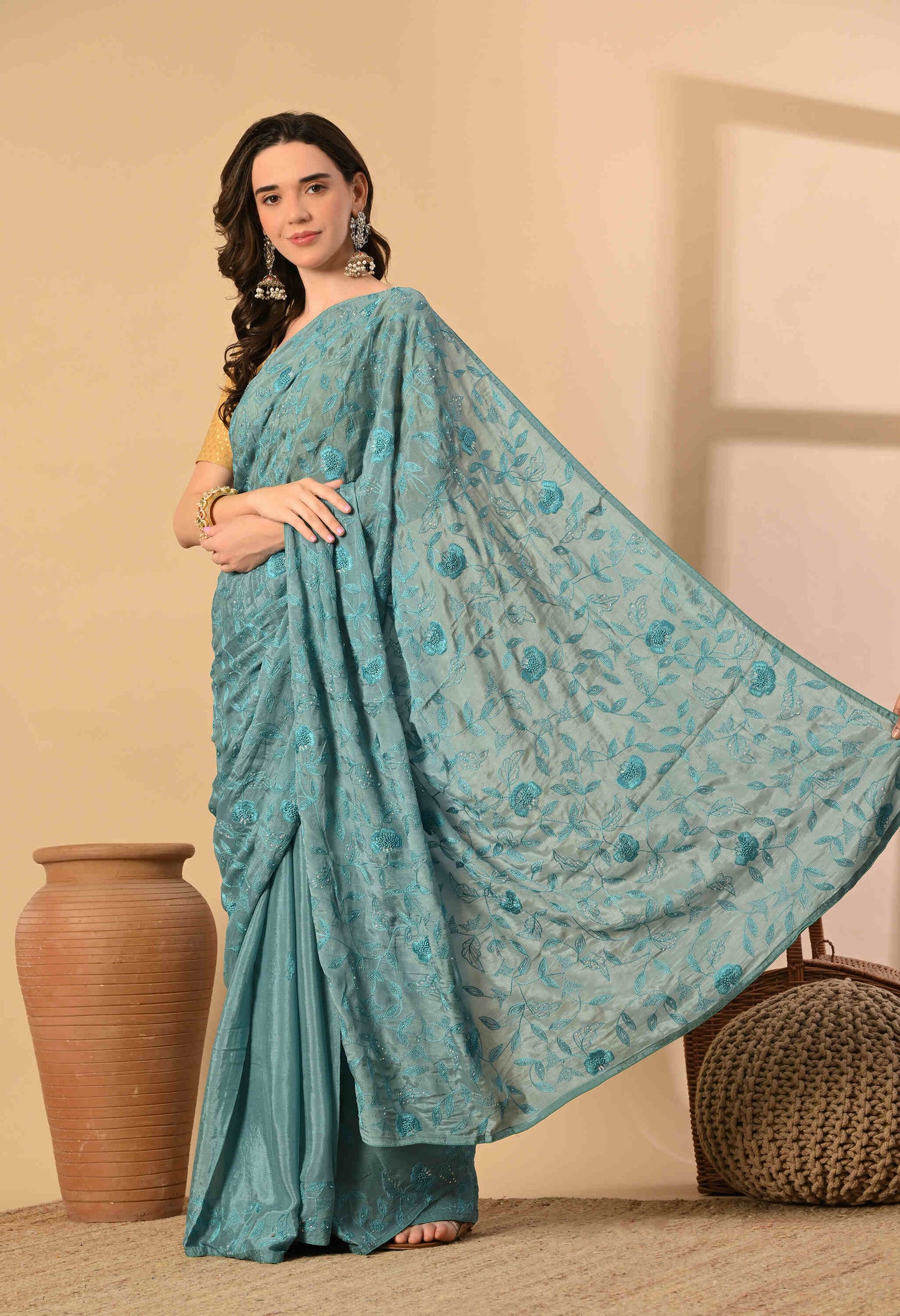 Hand Embroidery chiffon Saree
