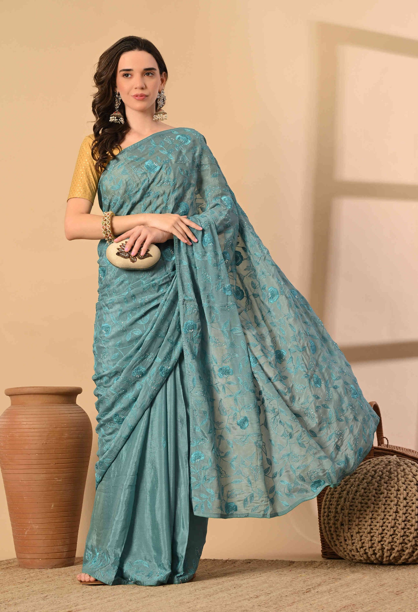 Hand Embroidery chiffon Saree