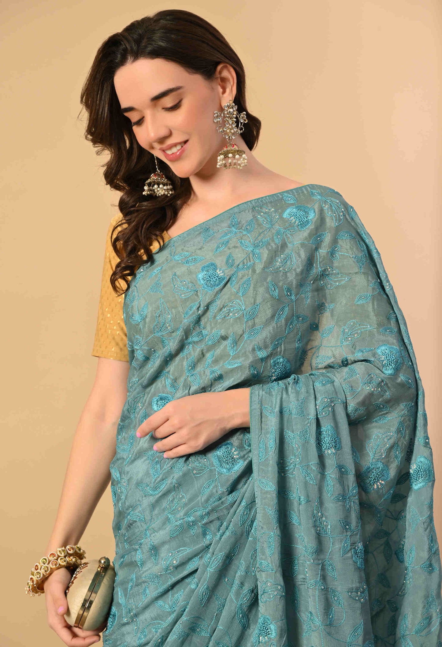 Hand Embroidery chiffon Saree