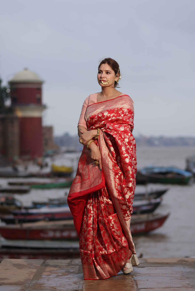 HandCrafted Pure Kataan Silk Red Saree