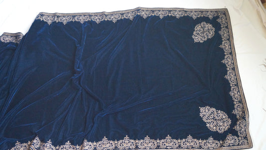 Navy Blue Velvet Scarf with Zardosi Hand Embroidery