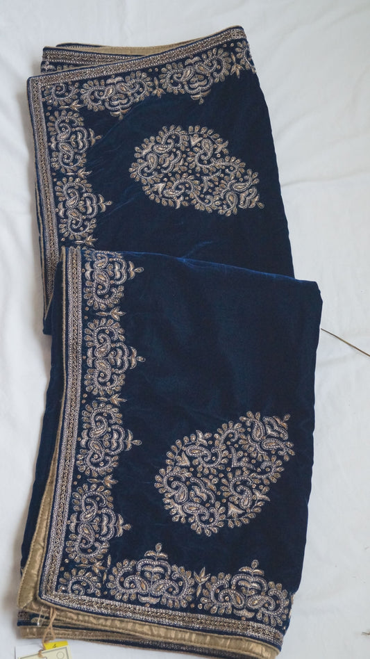 Navy Blue Velvet Scarf with Zardosi Hand Embroidery