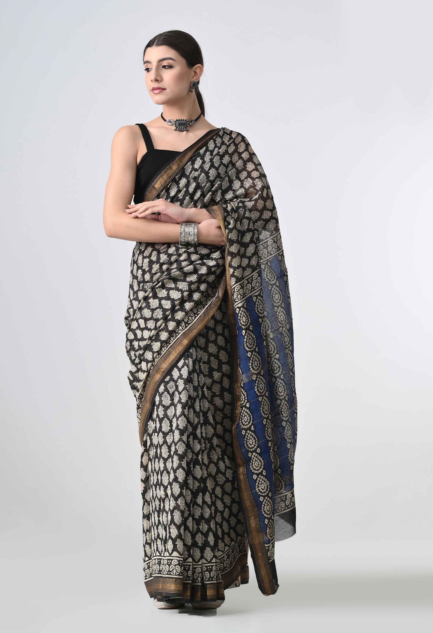 HandBlock Cotton Silk Black Saree