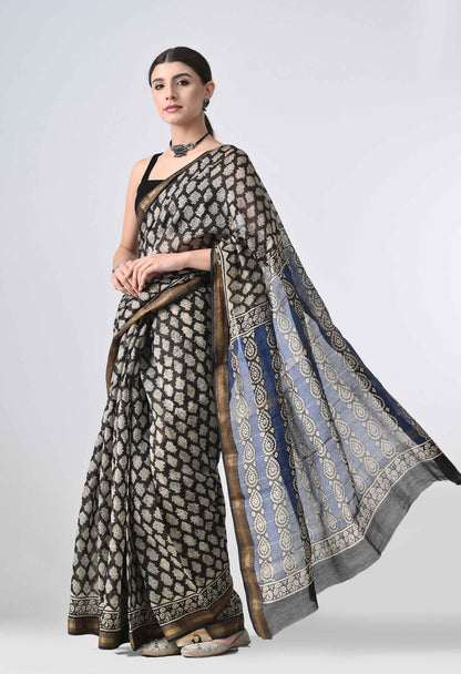 HandBlock Cotton Silk Black Saree