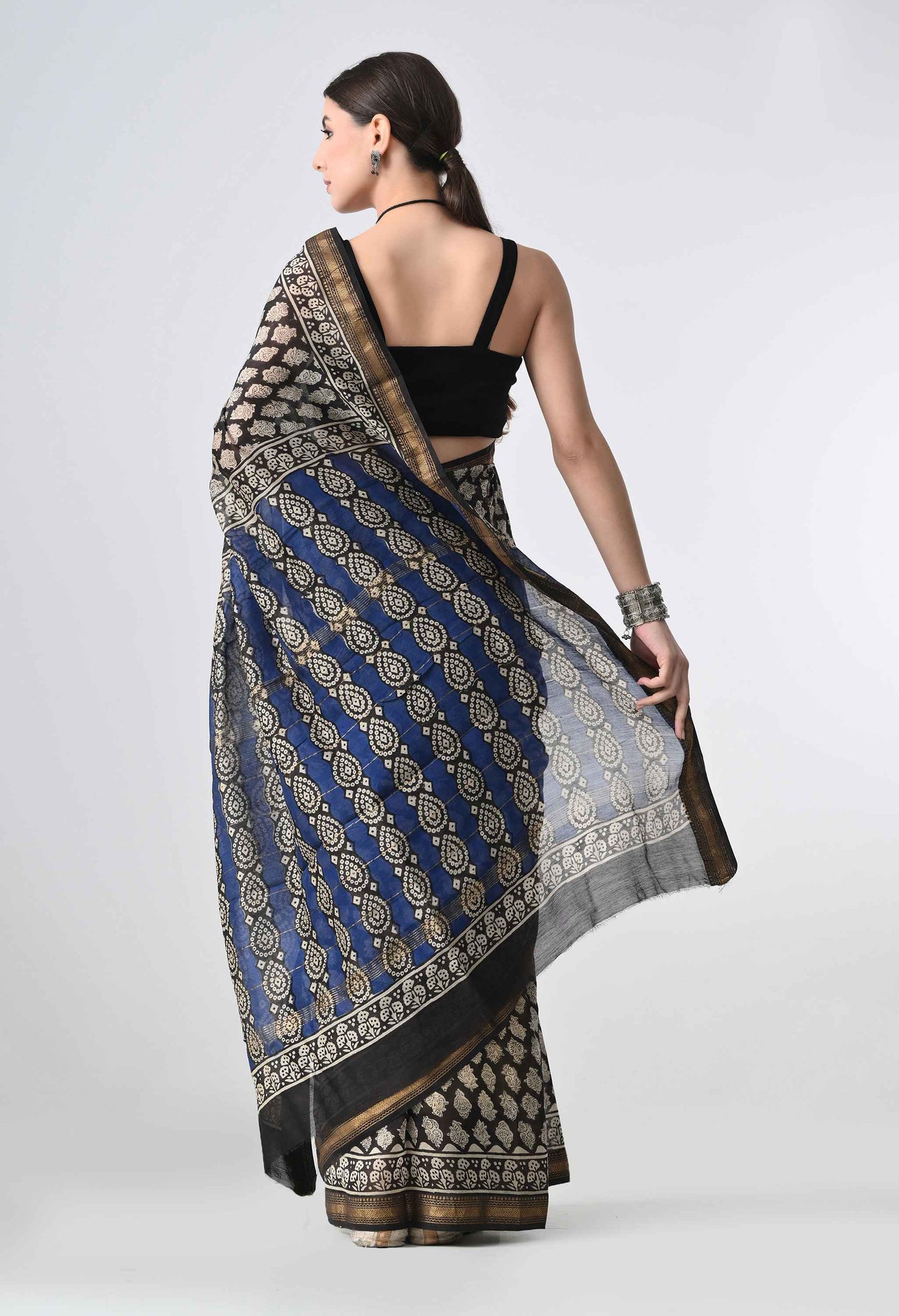 HandBlock Cotton Silk Black Saree