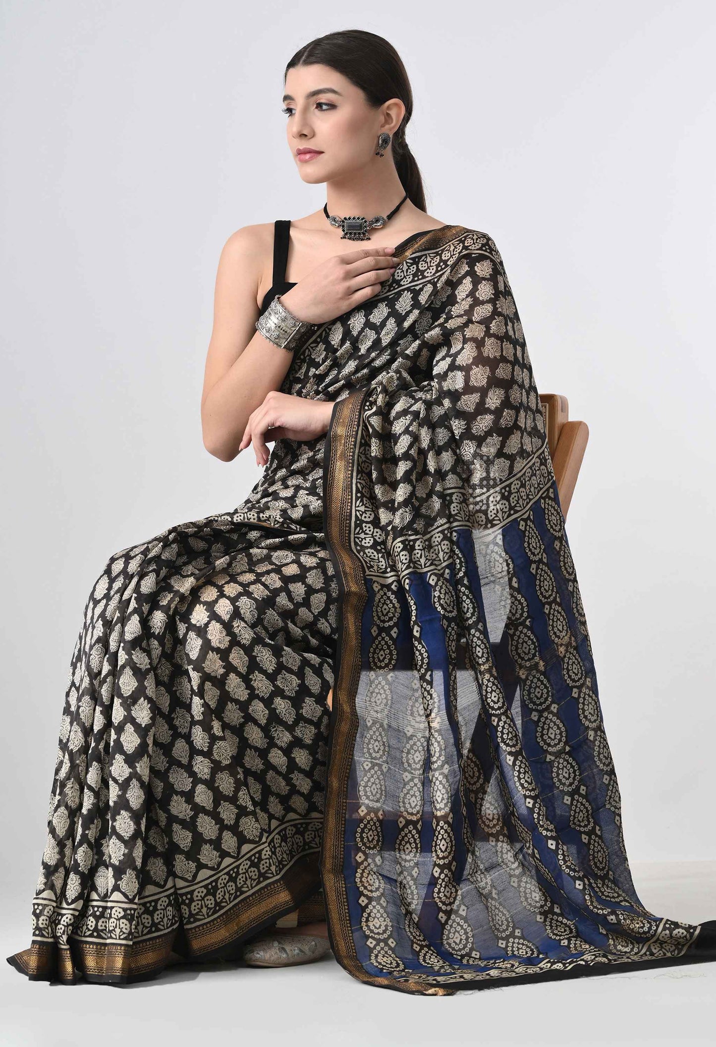 HandBlock Cotton Silk Black Saree