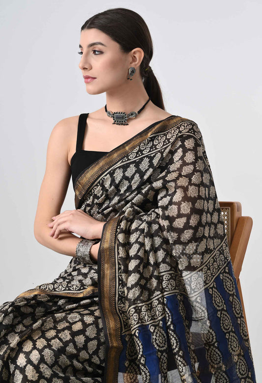 HandBlock Cotton Silk Black Saree