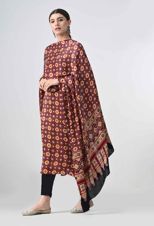 Modal Silk Suit Set With Ajrkah Print