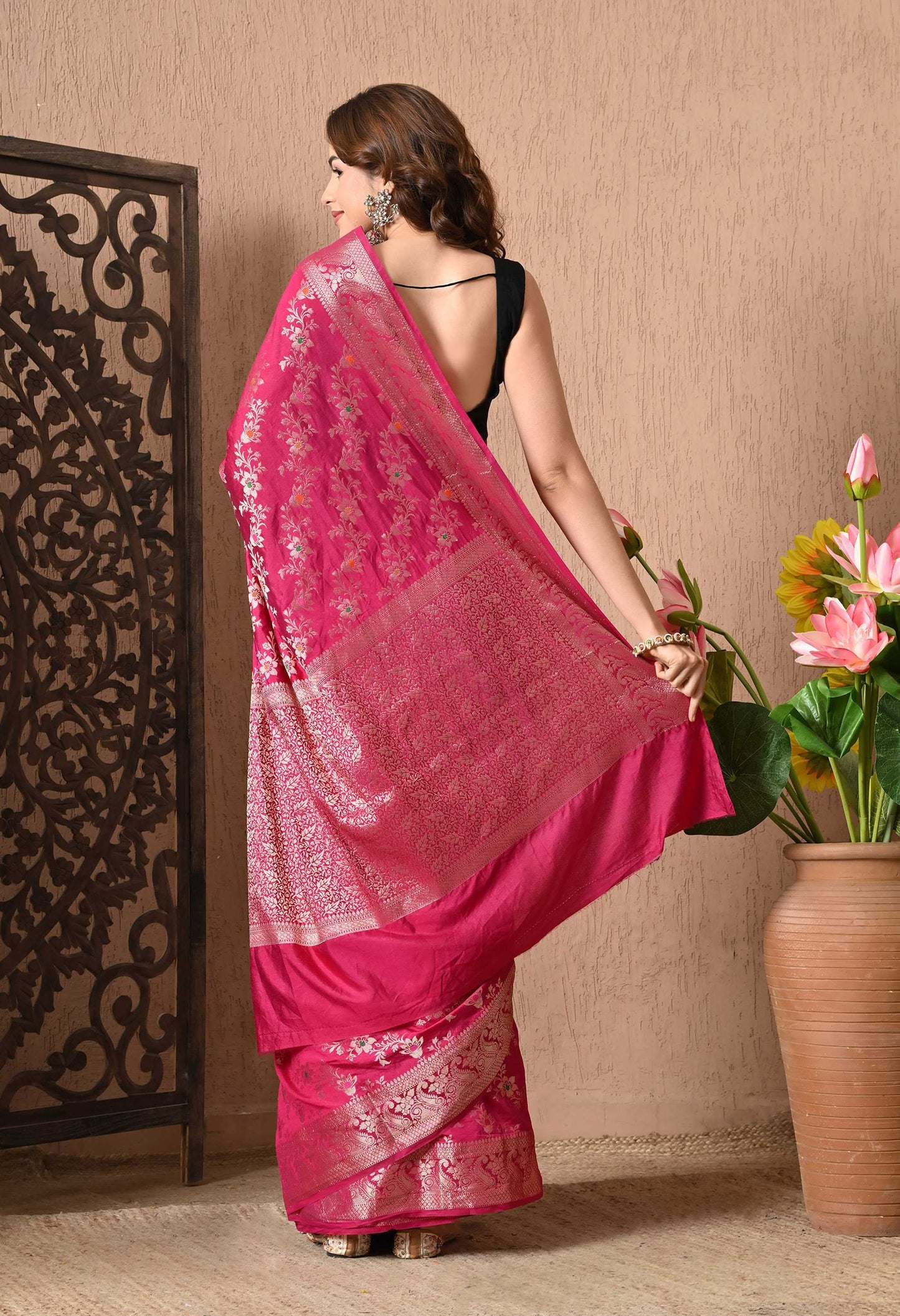 Best Pink Silk Saree With Tilphi Work