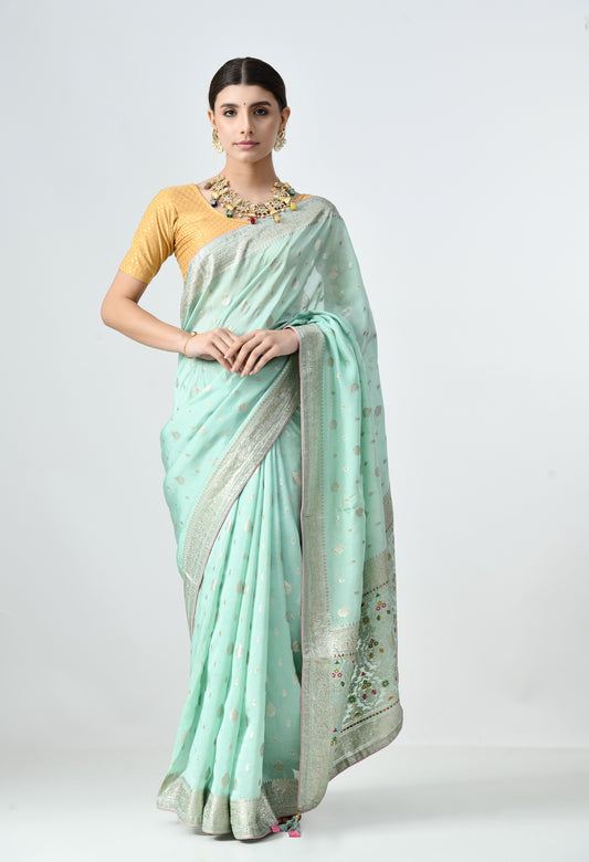 Kora Silk SeaGreen Saree