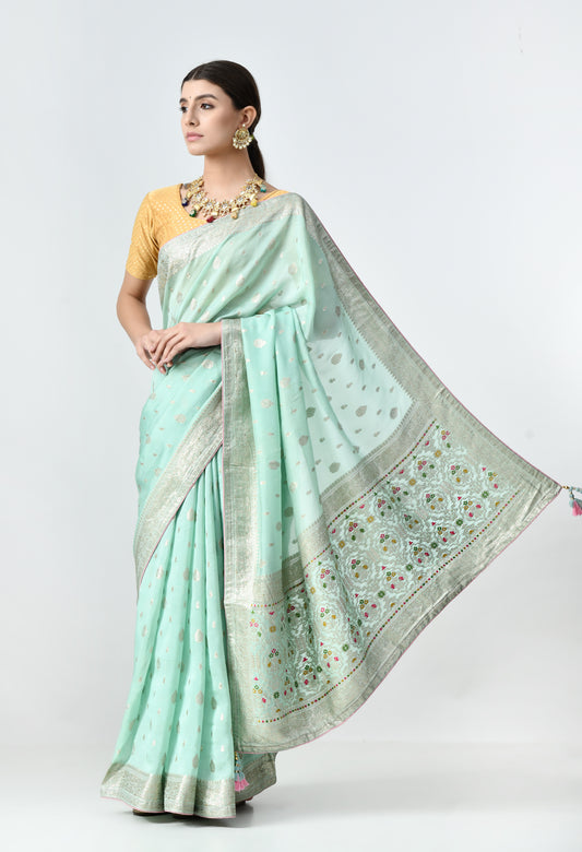 Kora Silk SeaGreen Saree