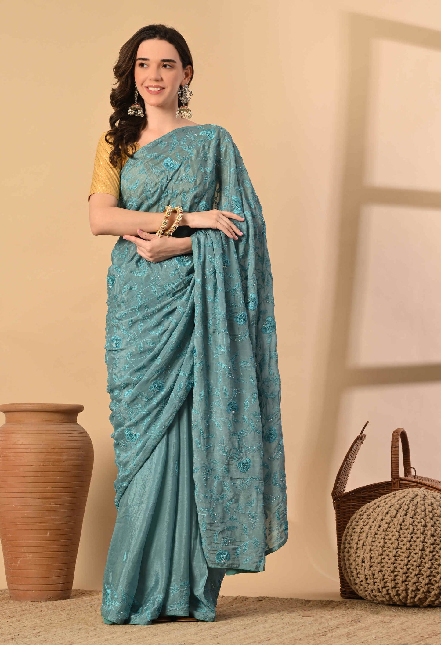 Hand Embroidery chiffon Saree