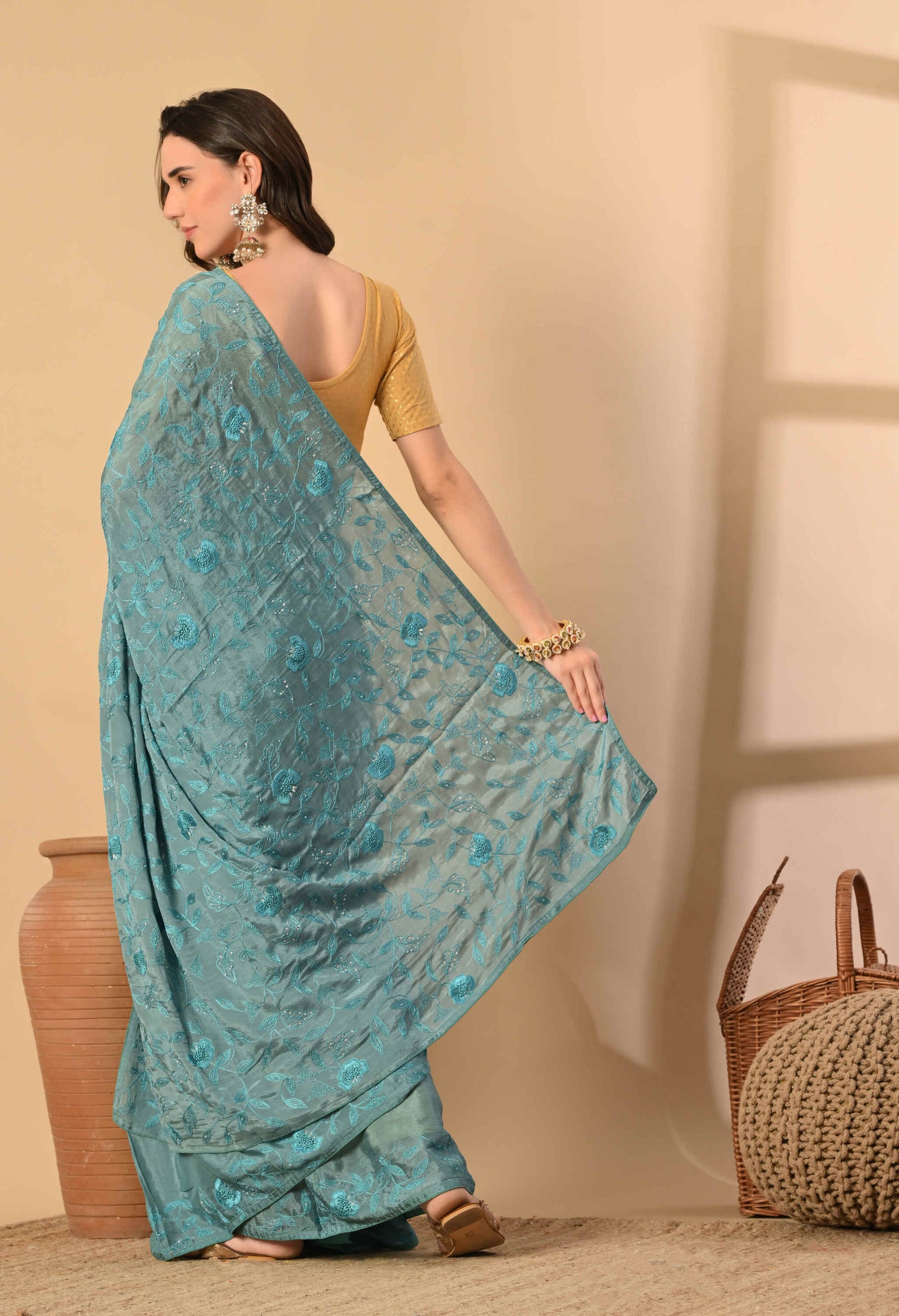 Hand Embroidery chiffon Saree