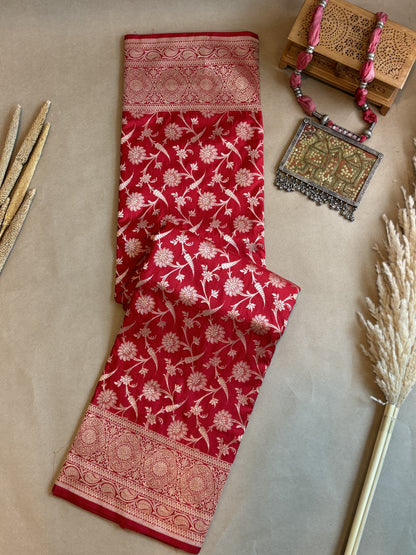 HandCrafted Pure Kataan Silk Red Saree