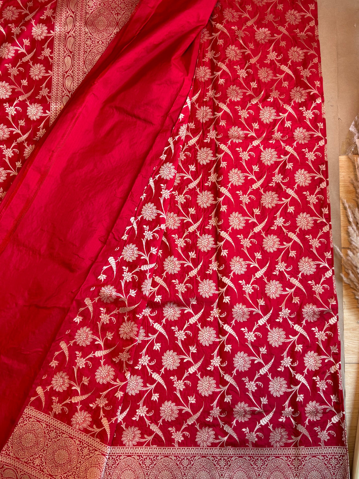 HandCrafted Pure Kataan Silk Red Saree