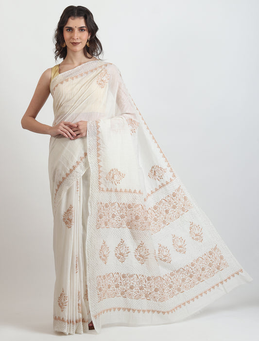 Chanderi Linen White Saree