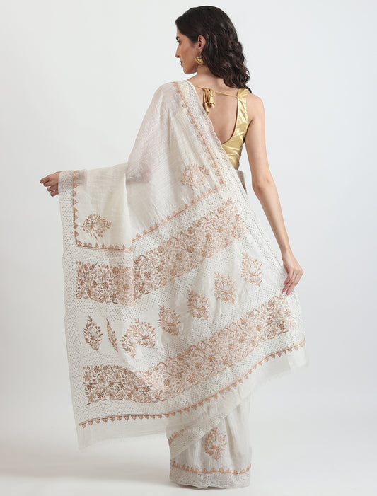 Chanderi Linen White Saree