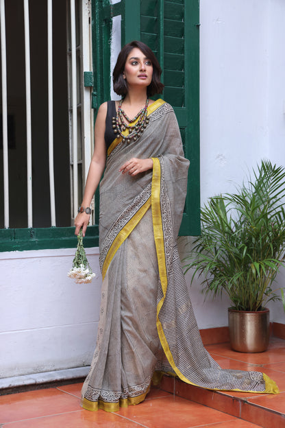 Cotton Silk Saree With Block Print