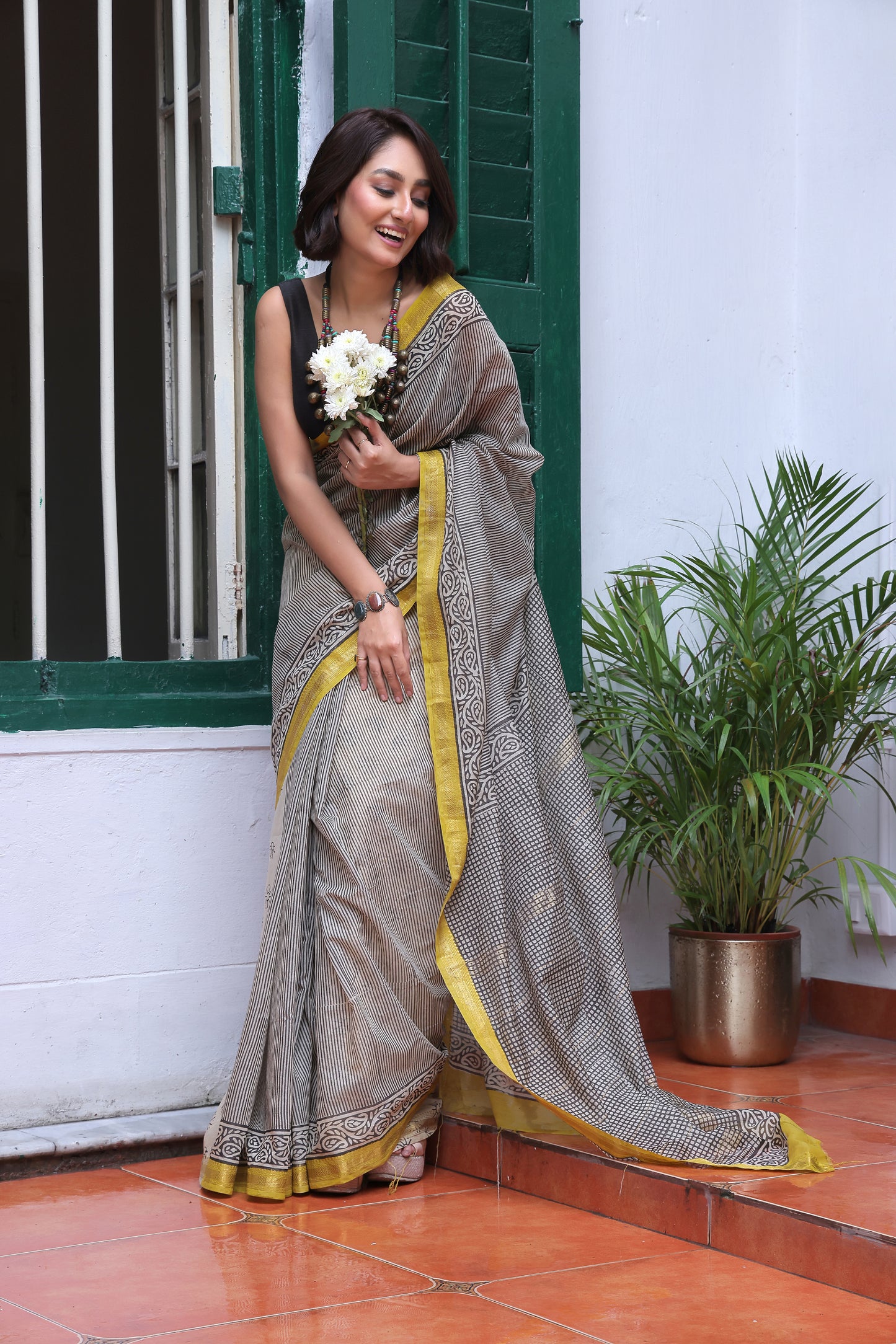 Cotton Silk Saree With Block Print