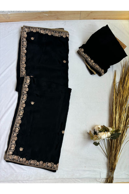 Crepe Black Saree With zardosi Work