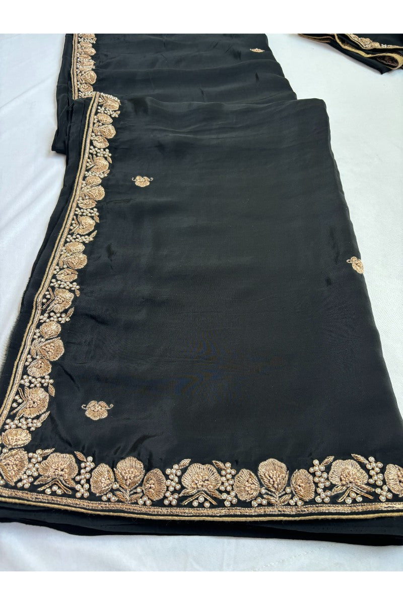 Crepe Black Saree With zardosi Work