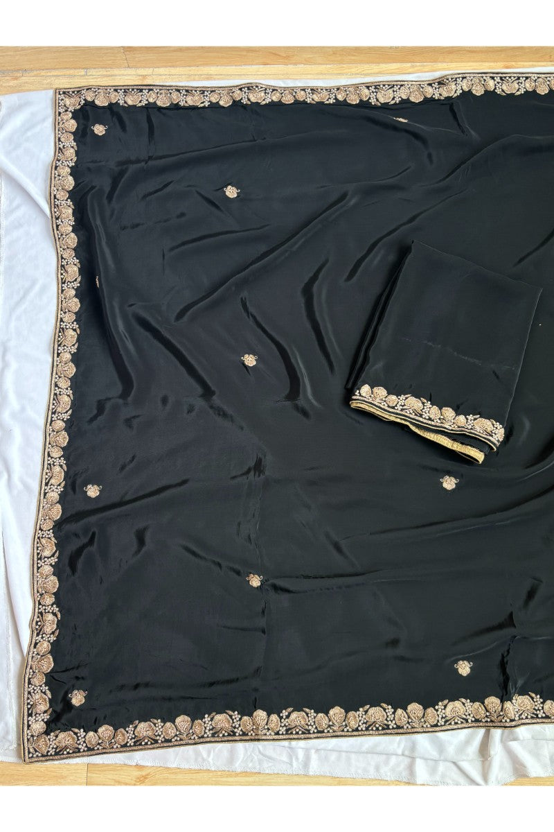 Crepe Black Saree With zardosi Work