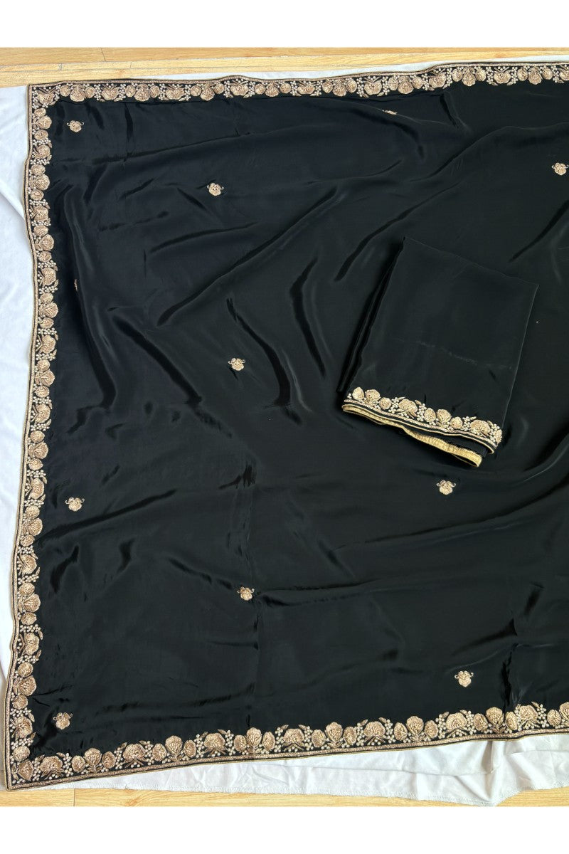 Crepe Black Saree With zardosi Work