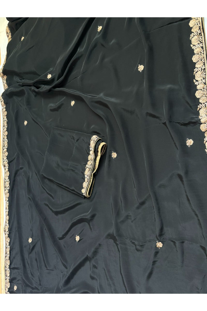 Crepe Black Saree With zardosi Work